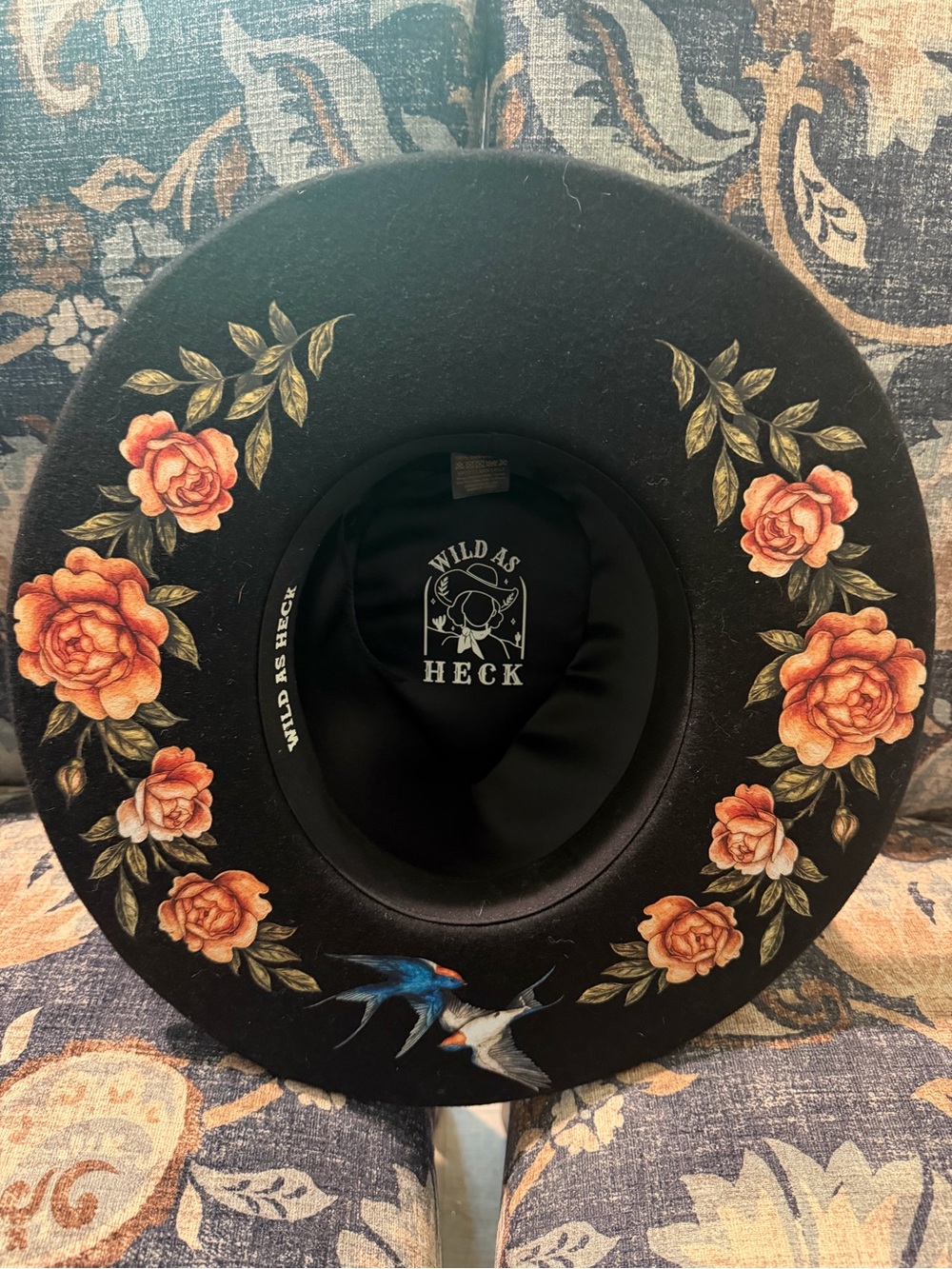 Black Felt Wide-Brim Hat with Peach Floral & Blue Bird Accents